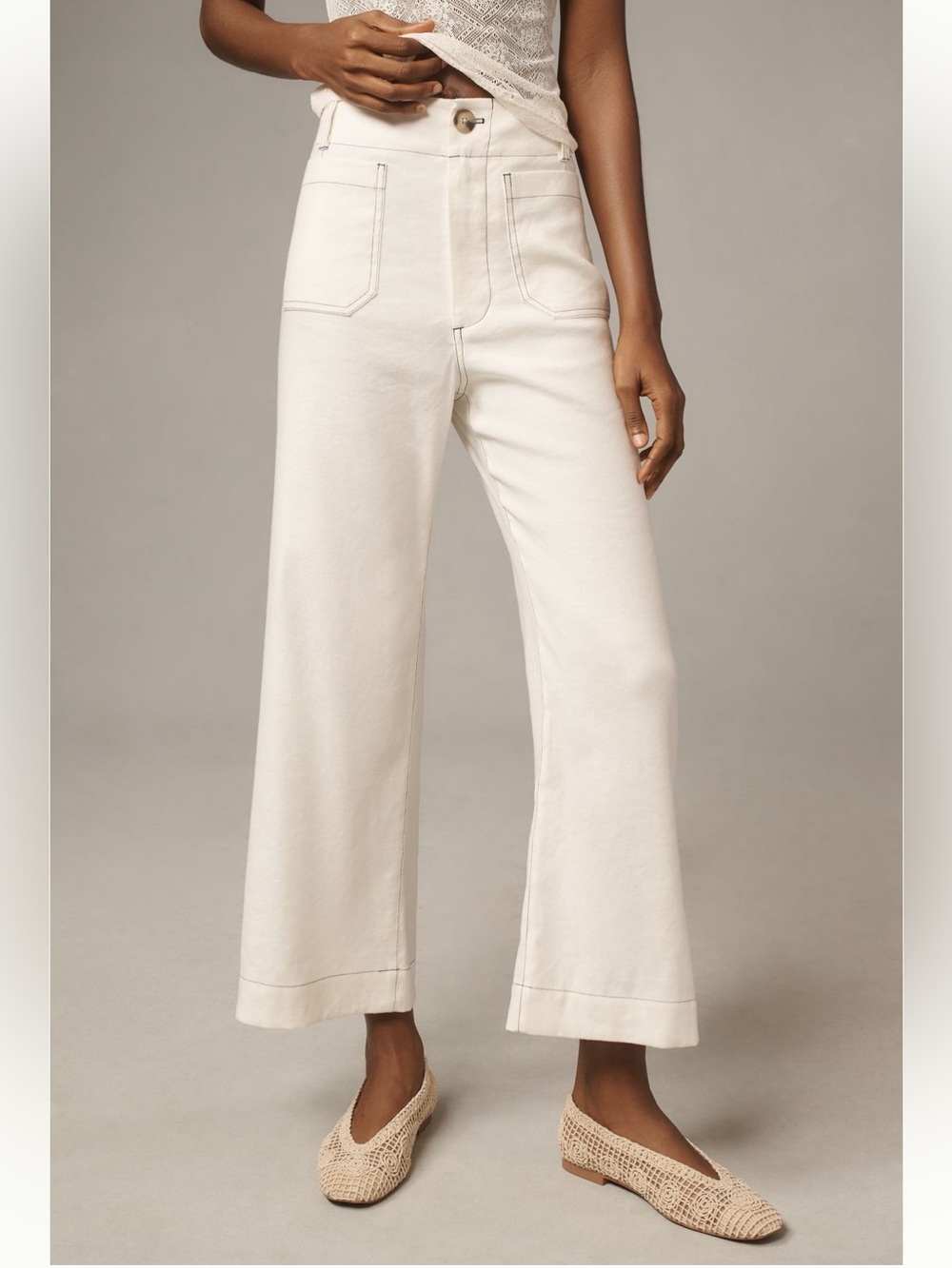 Maeve The Colette Contast -Stitch Linen Off-White Wide-Leg Cropped Pants